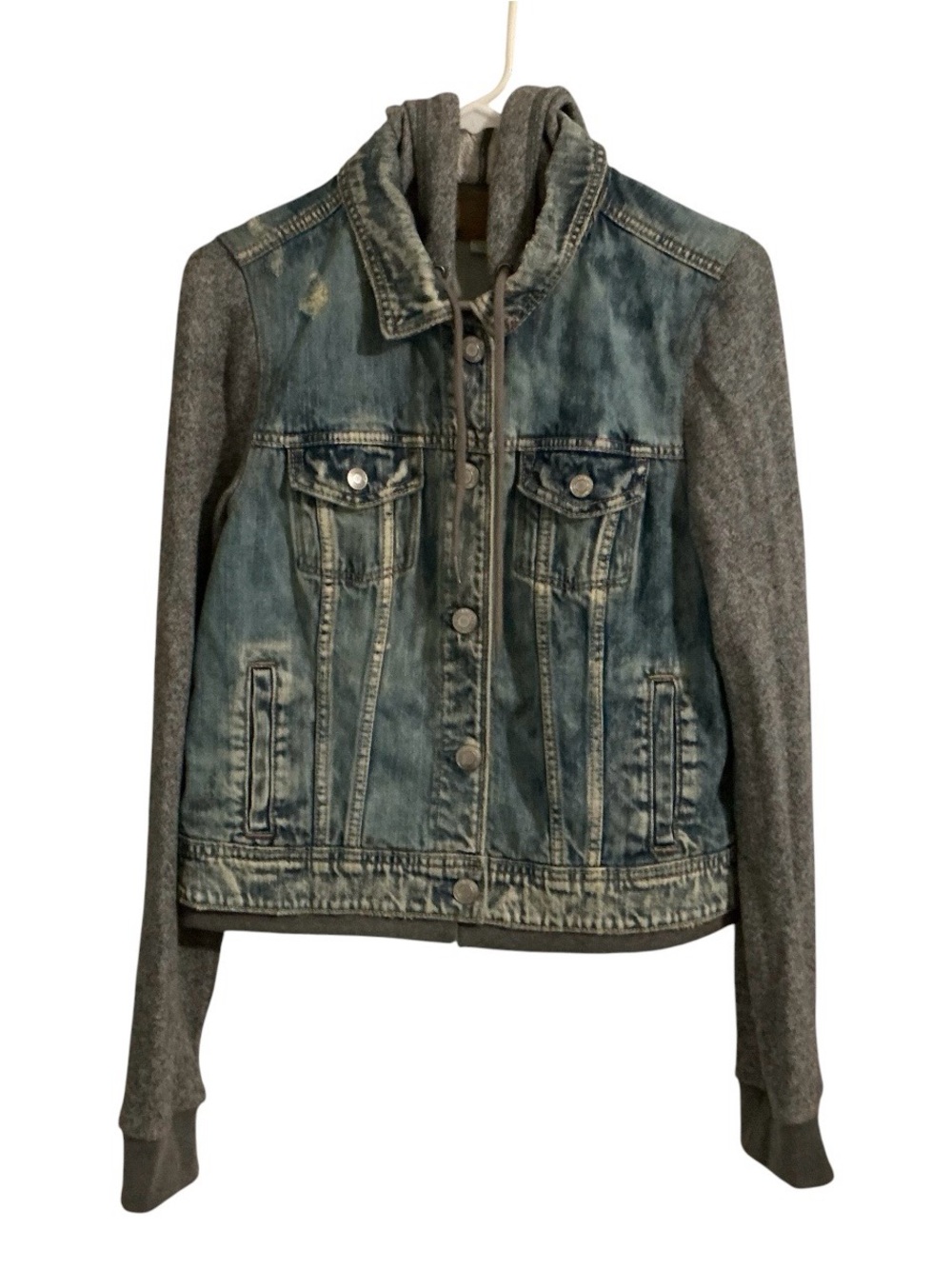 American Eagle Distressed Denim Hoodie Jacket L Mixed Media Cropped Gray